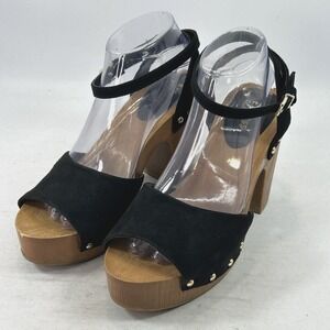 Express Chunky Heel Faux Wood Sandals Women's 9 Black Leather Straps Studs Y2K